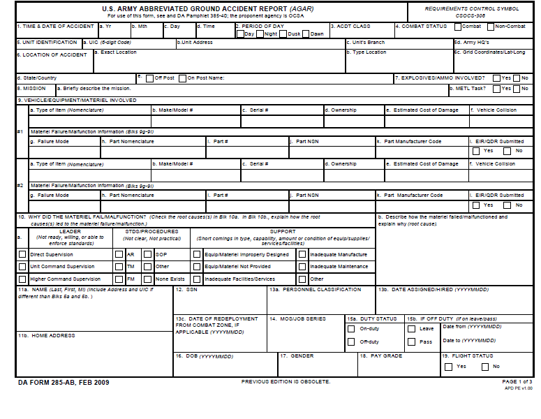 Da Form 285 Ab Fillable - Printable Forms Free Online