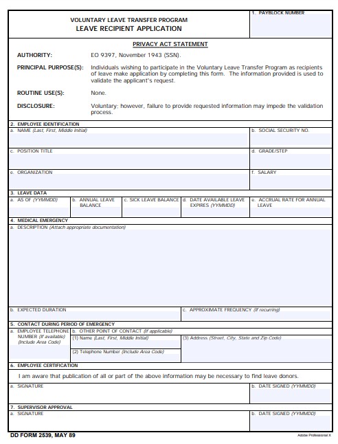 Download Fillable dd Form 2539