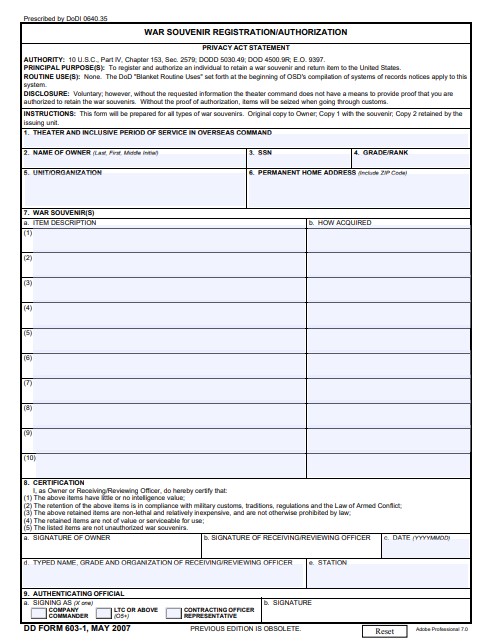 Download Fillable dd Form 603-1