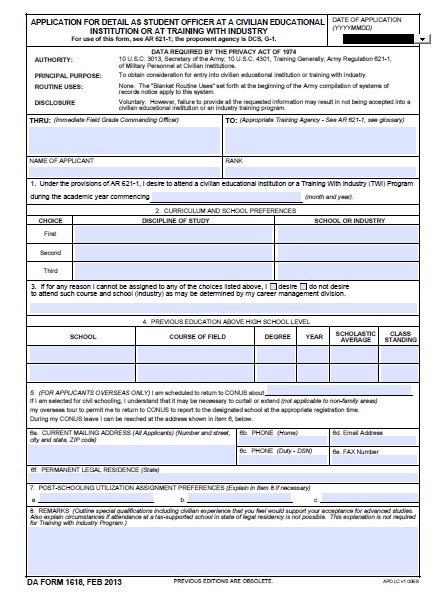 DA Form 1618 form preview