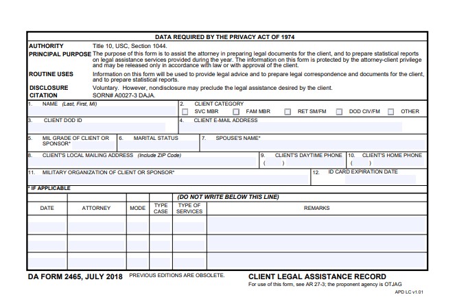 DA Form 2465 form preview
