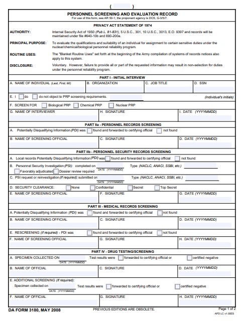 DA Form 3180 form preview