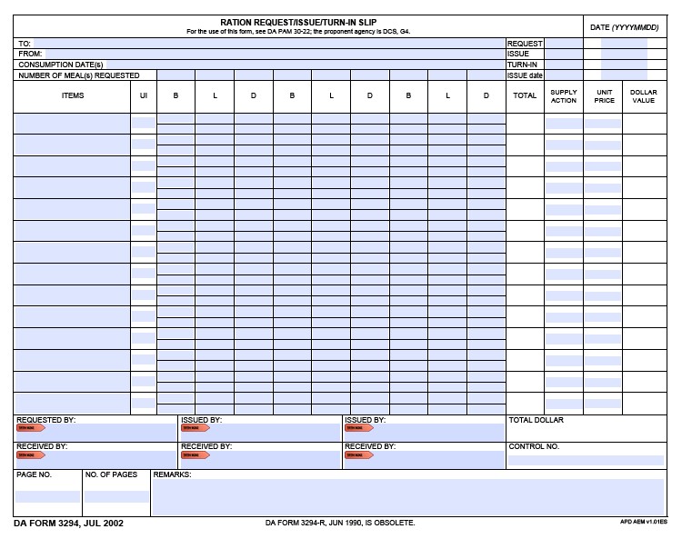DA Form 3294 form preview
