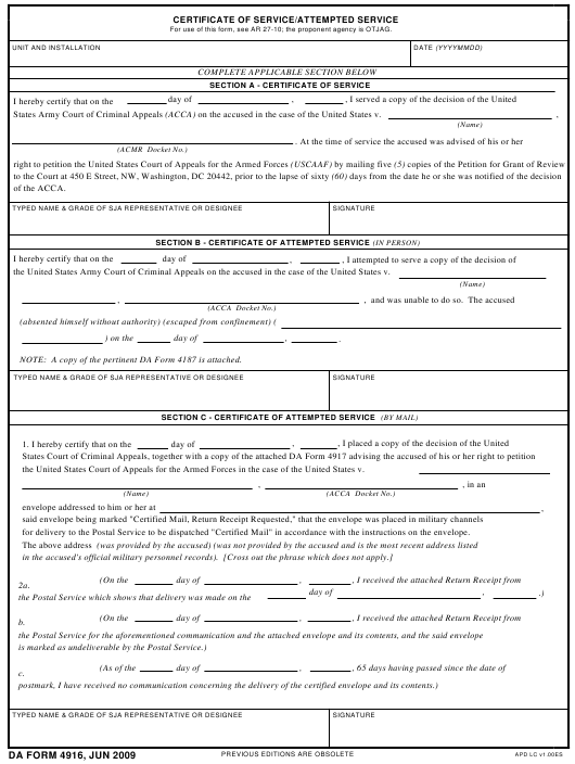 DA Form 4916 form preview