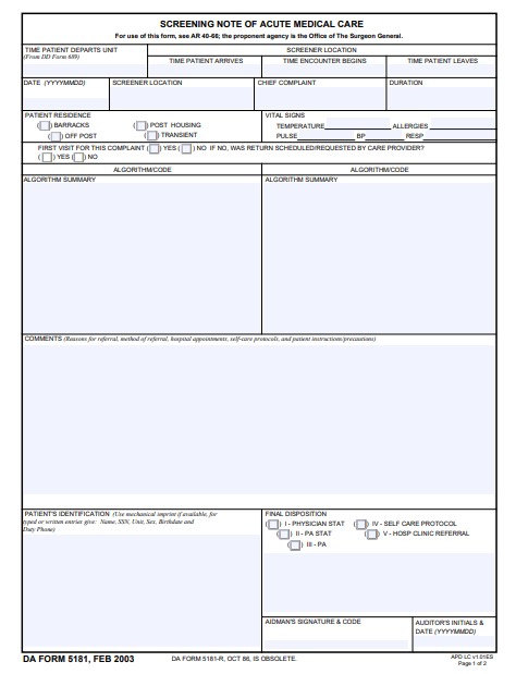 DA Form 5181 form preview