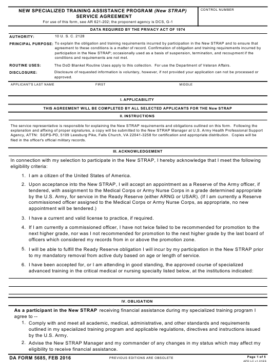 DA Form 5685 form preview