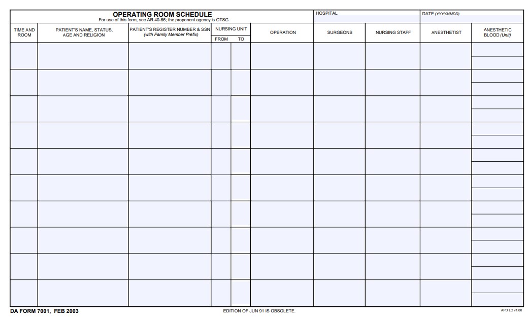 DA Form 7001 form preview