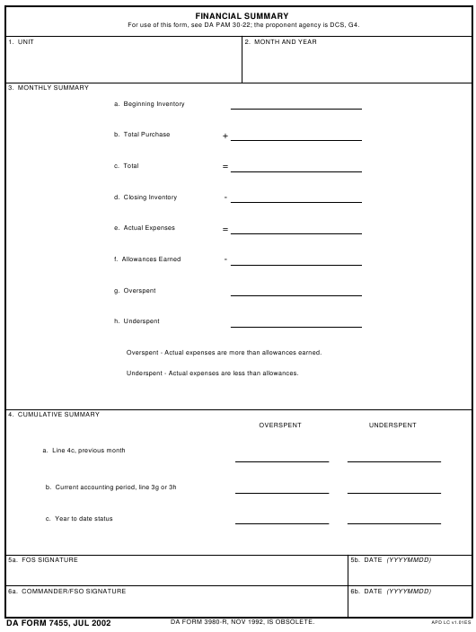 DA Form 7455 form preview