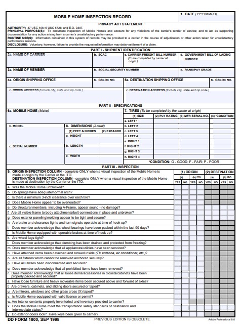 DD Form 1800 form preview