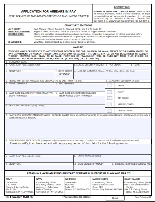 DD Form 827 form preview